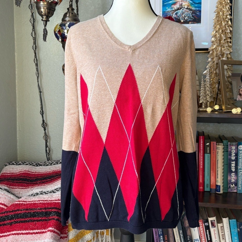 Tommy Hilfiger V-Neck Argyle Cotton Sweater - Women's Medium - Picture 2 of 7